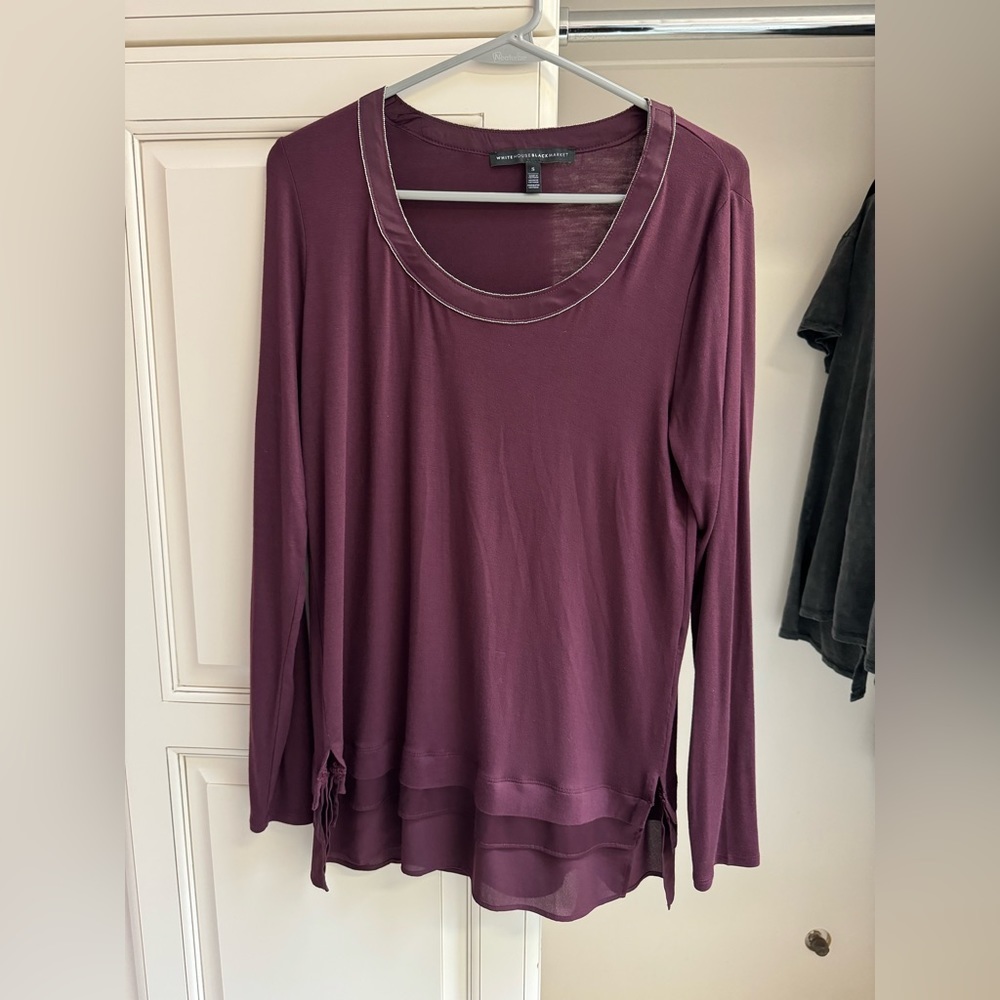 EUC White House Black Market Jeweled Neck Layered Hem Long Sleeve Blouse Small